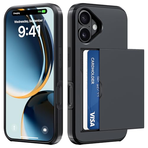 ÁRBOLORO Cover per iPhone 17 con Porta Carte Custodia Portafoglio Antiurto Anti-Graffio Resistente Grado Militare Protettiva Slot Nascosto Scorrevole Case, Nero