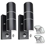 Wondlumi Außenlampe mit Bewegungsmelder Anthrazit LED Up und Down Wandleuchte Aussen GU10 Modern IP44 Aussenleuchten 230V inkl. 5W Warmweiß Glühbirne, 2er Pack