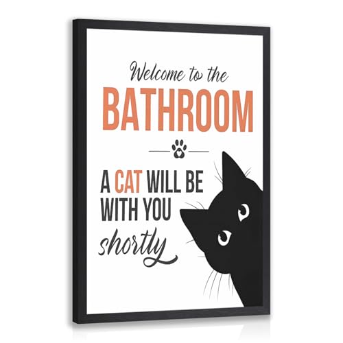 LLEEMPI Funny Bathroom Wall Art Cat Quote Welcome to the Bathroom Canvas Painting Black White Minimalist Animal Poster Print Cute Cat Wall Decor for Restroom or Toilet Wood Framed 8x10 Inch
