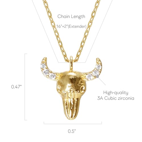 Western Bull Skull Pendant Necklace - MUSTHAVE 18K Gold Plated Texas Cubic Bull's Head Necklace, Rustic Charm, CZ Horns, Boho Layering Jewelry, Lucky Cow Skull Necklace for Women, 16+2 inch Extender, Message Card, Unisex (Yellow Gold)3