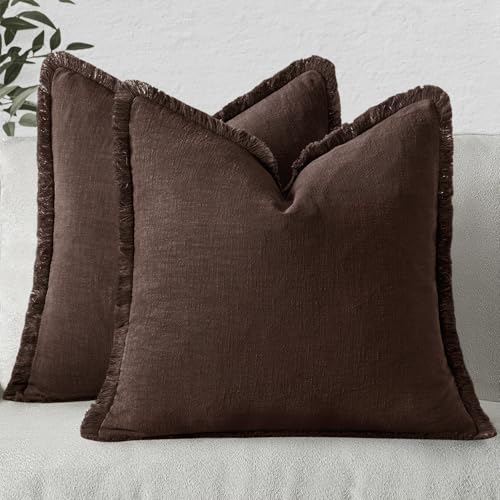 Image of MIULEE Decorative Throw Pillow Covers Neutral Linen Fringe Throw Pillows Euro Shams Set of 2 Dark Brown Boho Farmhouse Cushion Covers for Couch Sofa Bed Living Room Fall Home Decor 24x24 Inch