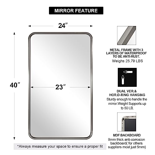 Image of ANDY STAR 24x40'' Bathroom Mirror for Wall, Brushed Nickel Rounded Rectangle Mirror for Vanity in Stainless Steel Tube Metal Frame Antirust Wall-Mounted Horizontal or Vertical
