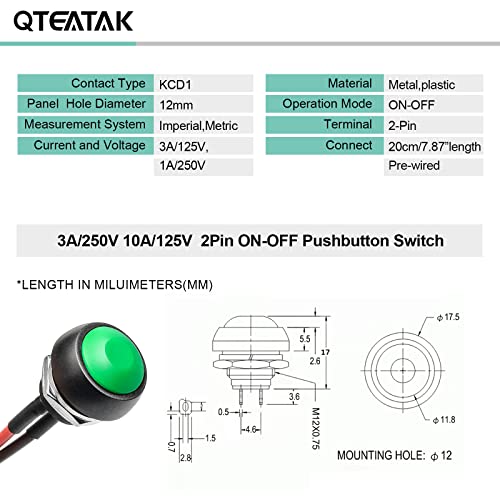 QTEATAK 1/2"(12mm) Pre-Wired Mounting Hole On/Off Green Mini Round Waterproof Momentary Push Button Switch JF-33B -2Pack