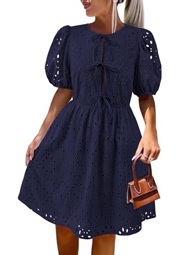 KIRUNDO Eyelet Summer Dresses for Women 2025 Short Sleeve Tie Front Babydoll A Line Wedding Guest Beach Vacation Sundress