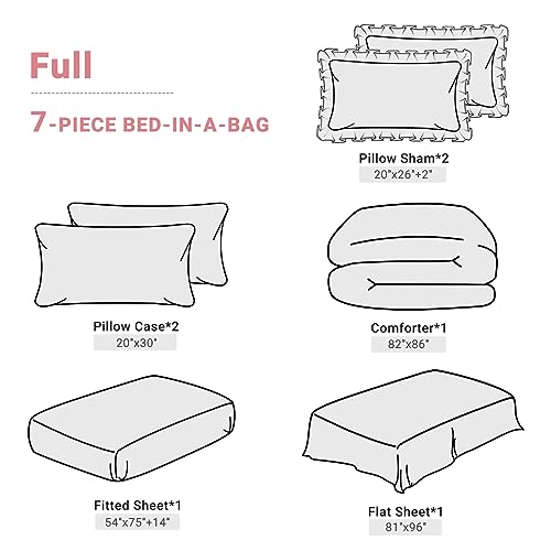 JOLLYVOGUE Pink/Ivory Full Size Comforter Sets 7 Pieces, Pintuck Bed in a Bag Comforter Set for Bedroom, Bedding Comforter Sets with Comforter, Sheets,Ruffled Shams & Pillowcases