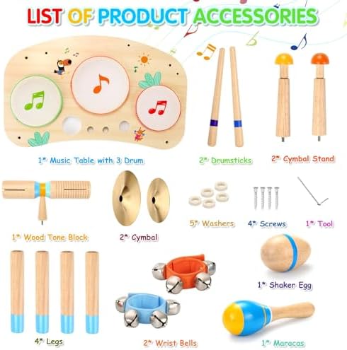 Kids Musical Percussion Instruments Set Wooden Musical Toys For Toddlers 6-12 months Babies Rhythm Instruments 1 2 3 4 5 6 Years Old Xylophone Children Educational Musical Gift With 3 Mini Sports Cars