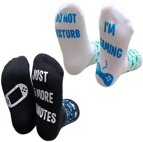 Kids Novelty Gaming Socks 2 Pack - "Do Not Disturb, I'm Gaming" & "Just 5 More Minutes" (Big Kid 10-14)