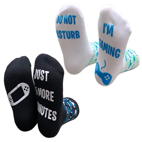 Kids Novelty Gaming Socks 2 Pack - "Do Not Disturb, I'm Gaming" & "Just 5 More Minutes" (Big Kid 10-14) #TOP2