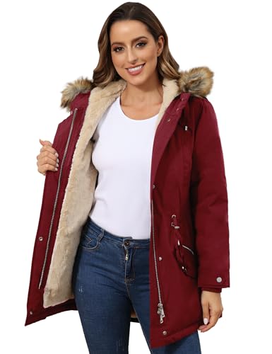 ROYAL MATRIX Women's Winter Coats Fleece Lined Parka Jacket Hooded Long Winter Warm Parka Coat with Pockets Wine,18