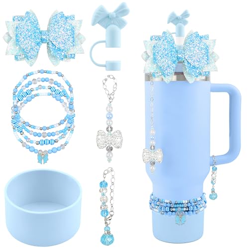 Hpebl 9PCS Accessories for Stanley Cup 40oz&30oz Tumbler Accessories Including Silicone Cute Blue Bow Straw Topper Cover Silicone Stanley Boot 4PCS Bracelet Y2K Blue Charms Pedant