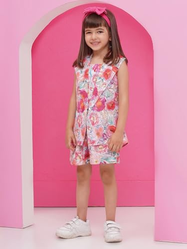 Image of AJ DEZINES Kids Clothing Floral Printed Pure Cotton Top Shorts With Jacket Cord Set for Girls