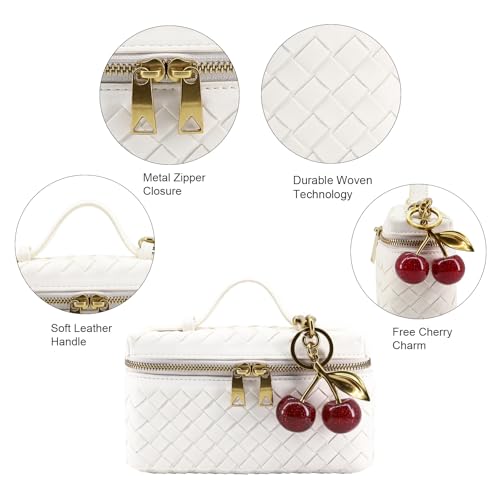 Image of Small Woven Box Crossbody Bags for Women Mini Top Handle Clutch Purse | Designer Leather Square Vanity Bag with Cherry Charm
