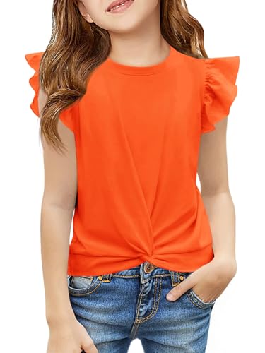 Image of Haloumoning Girls Ruffle Sleeve T Shirts Summer Crewneck Shirt 5-14 Years | Flutter Ruffle Short Sleeve, Twist Front, Casual, Solid, Loose Fit, Tees Tops