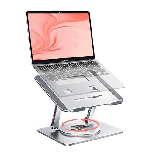Laptop Stand for Desk, Adjustable Height & Angle Portable Aluminum Laptop Riser & Monitor Stand with 360° Swivel, Foldable Ergonomic Computer Stand for 10-17 Inch Laptops (MacBook/Dell/HP), Silver.