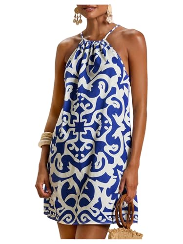 Image of SweatyRocks Women's Tropical Print Halter Dresses Sleeveless Holiday Summer Mini Dress