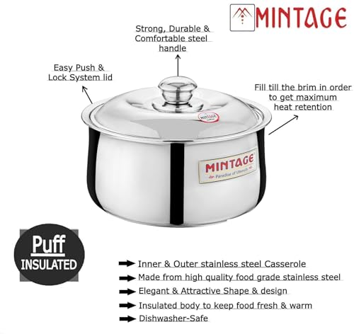 Image of Mintage Harmony Casserole with Lid 1000 Ml | Casserole for Roti Hot Case | Casserole Stainless Steel Hot Pot, Food Grade | Casserole Rice-Gravy-Curry, Silver Hot Box with Steel Lid