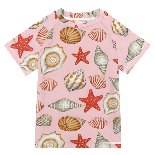 Boys Rash Guard Short Sleeve Swim Shirts for Boys Conch Starfish Print Sun Protection 7-8T