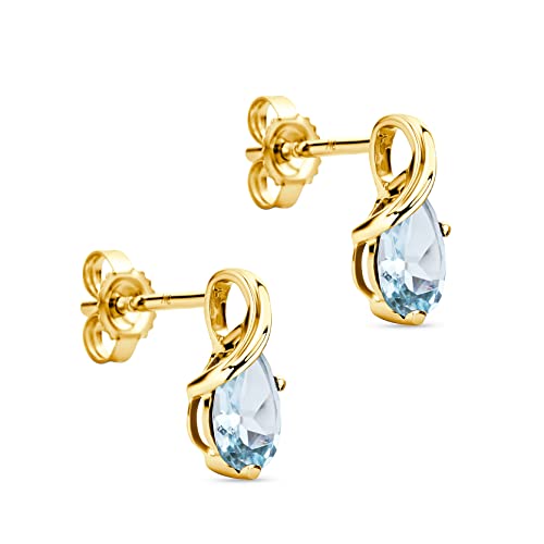 Orovi – Ohrringe Tropfenform aus 9 Karat Gelbgold (375) mit Aquamarin (0.58 ct) – Gold Ohrstecker Damen mit Edelstein in edler Krappenfassung – Goldohrringe allergenfrei & handgemacht (10 x 4.5 mm)