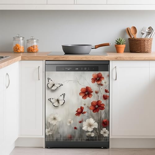 Image of Vintage Red Flowers Refrigerator Magnet Cover,White Butterflies Washable Dishwasher Magnets Decorative Cover,Home Kitchen Decorative Dishwasher Front Panel Cover 23x26 Inch