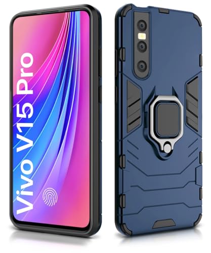Image of WOW IMAGINE Shock Proof Back Case Mobile Cover for Vivo V15 Pro | Back Cover Case (Tough Armor | Hybrid PC + TPU | Ring Holder & in-Built Kickstand | Blue)