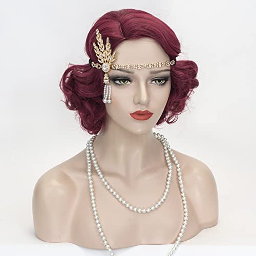 Image of Finger Wave Wig Women Dark Red Flapper 1920s Vintage Lady Short Curly Wig Halloween Party Cosplay Costume Synthetic Hair + Accessories (Burgundy)