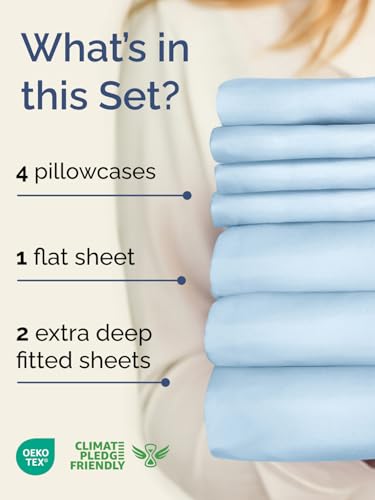 Image of Extra Deep Split King Sheet Set - 7 Piece Breathable and Cooling Sheets - Hotel Luxury Bedding for Women, Men, Kids & Teens - Easy Secure Fit - Soft & Wrinkle Free - Extra Deep Pockets - Light Blue