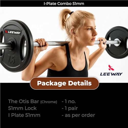 Image of Leeway Olympic Weight Lifting 50kg Set | 7ft Chrome Barbell + 51mm Rubber Coated I Plates | Heavy Duty Home Gym & Commercial Fitness Equipment | (Black, 50kg Set (2.5kgX2 + 5kgX2 + 7.5kgX2 + 10kgX2))