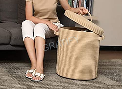 Image of GRATIFY Mansa Traders 12 inch X 12 inch X 14 inch Large Round Storage Basket With Lid, Cotton Rope Storage Baskets, Laundry Hamper, Brown Stiches With Cover