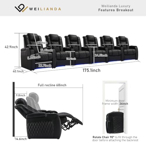 Image of Weilianda Home Theater Seating, Top Grain Leather Movie Theater Chair | Black Row of 6, Zero Gravity, Power Headrest, Tray Table, Electric Reclining Seat for Media Room
