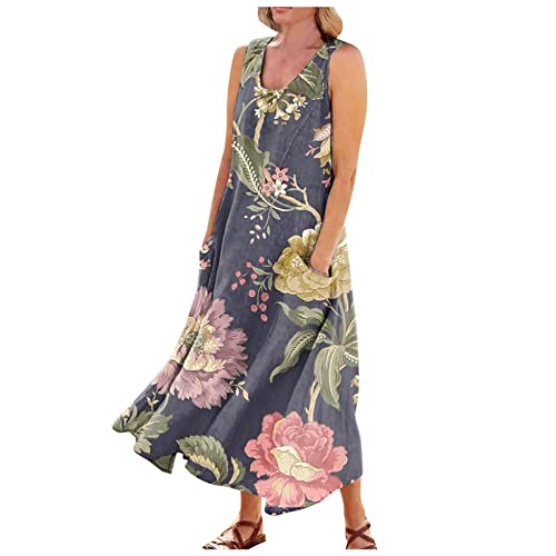 FONMA Summer Dress for Women 2025 Plus Size Sundress Floral Sleeveless Dress Cotton Linen Beach Dress with Pockets