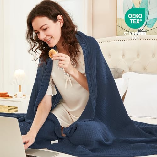 Image of EMME Muslin Blankets for Adults Throw Blanket for Couch Breathable Gauze Soft Lightweight Airy Navy Super King 120 inch x 94 inch