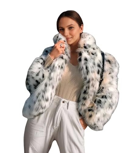 DJBM Women Artificial Fur Lapel Coat Deluxe Furry Leopard Opening Jacket Warm Sexy Dressy for Evening Nightclub
