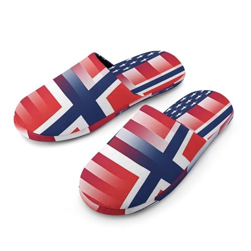 U.S. And Norwegian Flag Men's Flannel Slipper Soft Non Slip House Shoes Comfy Winter Warm Indoor Outdoor Slippers