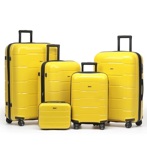 CRUW 5-Piece Luggage Set Expandable Polypropylene Suitcase Set TSA Locks 8 Silent Spinner Wheels Lightweight Nested Suitcases Travel Set easyJet British Airways Jet2 Airline-Approved Carry-On Yellow