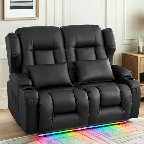 Image of Loveseat Recliner Sofa with DIY LED Lights,RV Wall Hugger Recliners for Small Spaces,Reclining Loveseat Sofa Recliner with Cup Holders /Lumbar Pillows,RV Furniture,PU Black,56 inch 2-Seater with Light