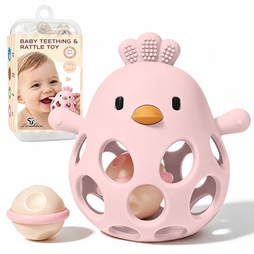 Image of Tinabless Baby Teether Rattle Toys, 2-in-1 Easy Grip Silicone Teething for Babies 3-12 Months, BPA-Free Sensory Chew Toy for Sore Gums, Infant Gift (Pink w /Rattle)