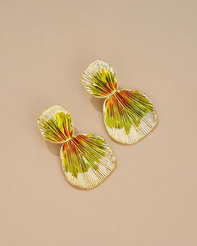 Colorful Gold Boho Chunky Leaf Floral Geometric Textured Dangling Statement Earrings for Women by SNGIA, Large Orange Green Handmade Trendy Ribbed Fan Dangle Jewelry Gifts, Big Summer Round Oval Square African Beachy Vacation Flower Fashion Accessories, Vintage Thick Bohemian Nickle Free Huggie Earring.3