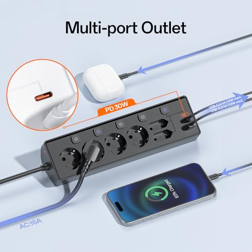 Miniatura 2 de Regleta Escritorio Con Usb C Pd 30w , Interruptores Individuales Toma De Corriente De Escritorio, Regletas Enchufes Proteccion Sobretension, Cable De 2 Metros Para Oficina En Casa,Cable 2m,Negro