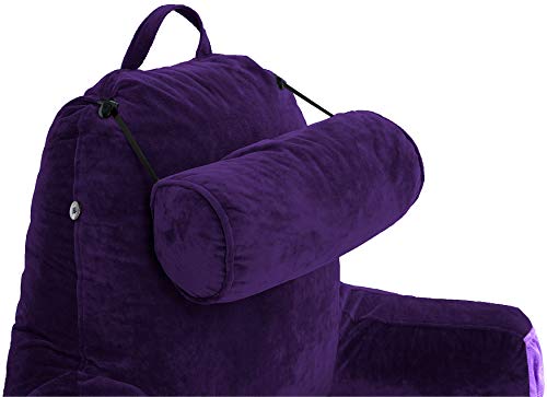 Husband Pillow Medium Purple, Backrest for Kids, Teens, Petite Adults - Reading Pillows with Arms, Adjustable Loft, Plush Memory Foam, Bed Rest Chair for Sitting Up, Detach Neck Roll, Removable Cover