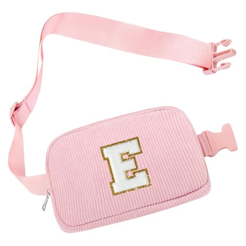 Sac Banane Femme Velours Côtelé, Sac Bandoulière Tendance, Rose Sacoche Banane avec Initiale E pour Faire du Shopping, Voyager, Sortir, Travailler,...