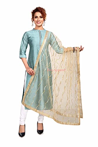 Image of ZEN APPAREL Women's Embroidered Net Dupatta with Lace Borders (Z-101) Premium Net Fabric Golden Aari Work
