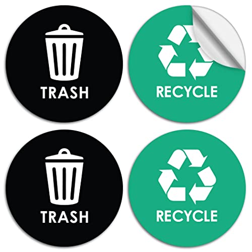 Pegatinas de reciclaje y papelera, paquete de 4, calcomanías redondas de 3 pulgadas, resistentes a los rayos UV para una gestión eficaz de residuos en interiores y exteriores en cocinas, oficinas y