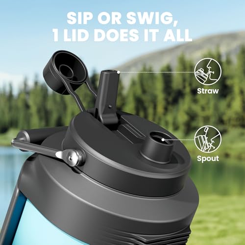 Image of 1 Gallon Insulated Water Bottle for Sports: Meoky 128 oz Triple Wall Vacuum Stainless Steel Water Jug - Top and Side Handles, Cold for 48 Hrs, 2-in-1 Straw and Spout Lid, Leak Proof for Hiking (Cyan)