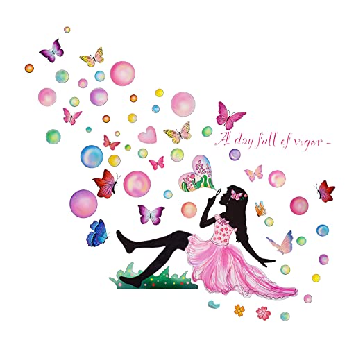 Vinilo Decorativo Niña Hada Soplando Burbujas Mariposas