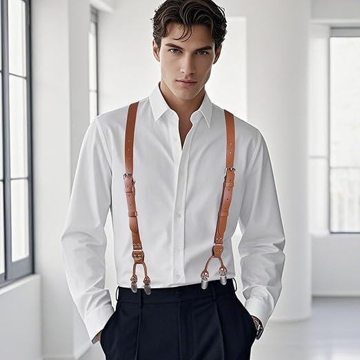 Genuine Leather Suspenders for Men,Y Back Design Leather Suspender with 6 Metal Clips,Adjustable Men's Suspender with Elastic Straps, Groomsmen Gift Wedding Brown - Image 7