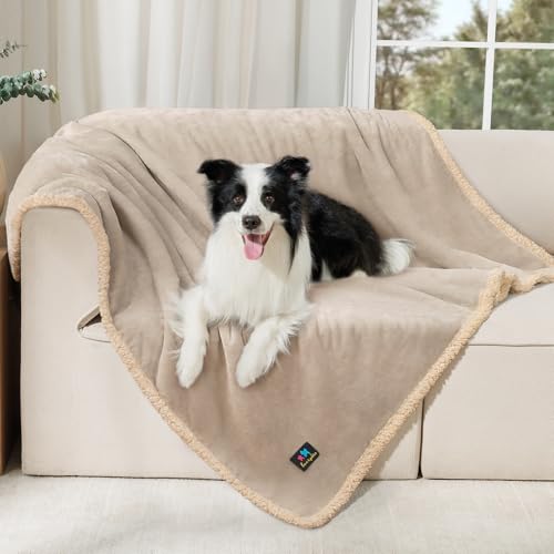 Waterproof Pet Blanket, Liquid Pee Proof Dog Blanket for Sofa Bed Couch, Reversible Sherpa Fleece Furniture Protector Cover for Small Medium Large Dogs Cats, Grey Beige Large（65