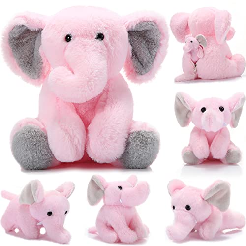 Skylety 5 Pcs Elephant Stuffed Animals Mommy 4 Baby Plush, Gray Pink