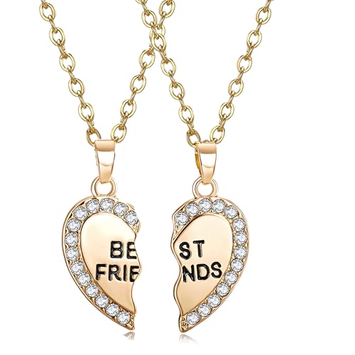 ODETOJOY Best Friends Necklace for 2 BFF Broken Heart Necklace Rhinestone Bestfriends Engraved Letters Pendant