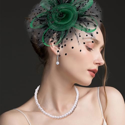 Vegolita Fascinator Hat for Women Cocktail Flower Mesh Feathers Hats for Carnival Halloween Tea Party Headwear Kentucky Derby Hats 20s 50s Wedding Hat Black/Green