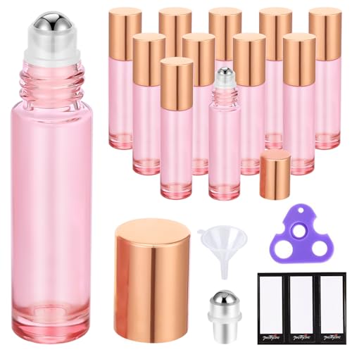 PrettyCare 12 Pack, 10 ml Essential Oil Roller Bottles with Stainless Steel Roller Ball - Refillable Leak-proof Empty Thick Pink Glass Roll on Bottles with Metal Caps for Travel, Perfume by PrettyCare - Used condition - US$8.88